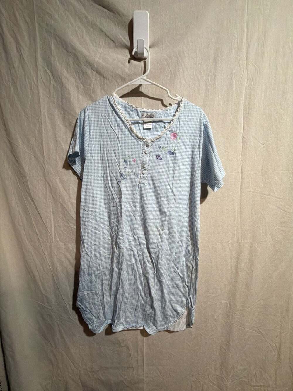 Villager A Liz Claiborne Company Short Sleeve Gingham Nightgown with Floral Embr